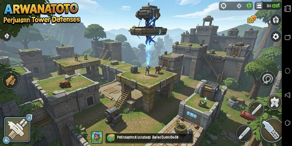Tangkapan layar menampilkan gameplay intens dari ARWANATOTO Tower Defense.