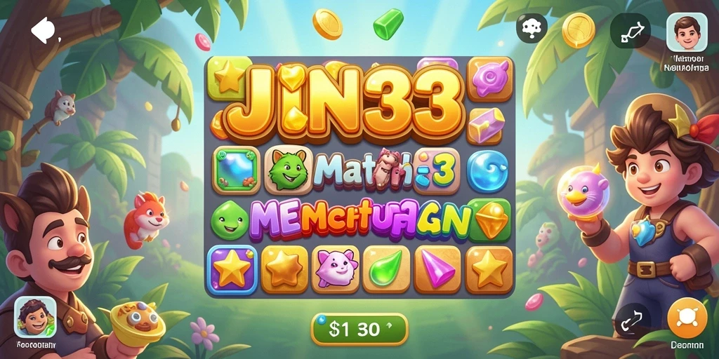 Screenshot JIN33 menunjukkan gameplay menantang dengan permata berwarna-warni.