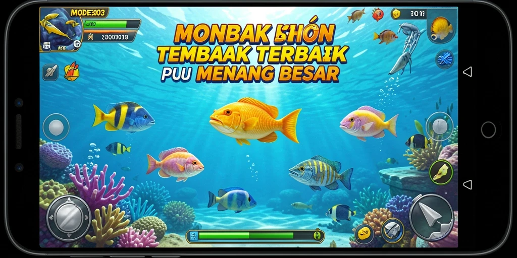 Screenshot gameplay MODE303 menunjukkan aksi menembak ikan yang mendebarkan.