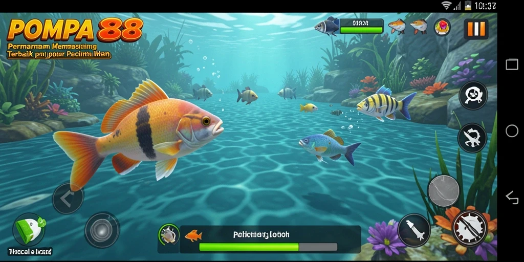 Screenshot utama POMPA88 menampilkan aksi memancing yang seru dan menampilkan ikan yang beragam.