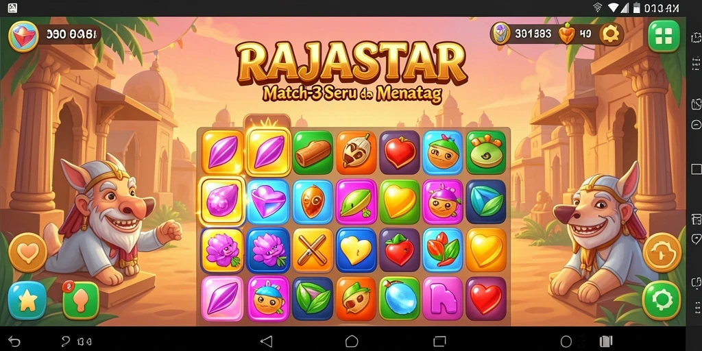 Screenshot menunjukkan gameplay seru RAJASTAR dengan gem match-3 yang berwarna-warni.